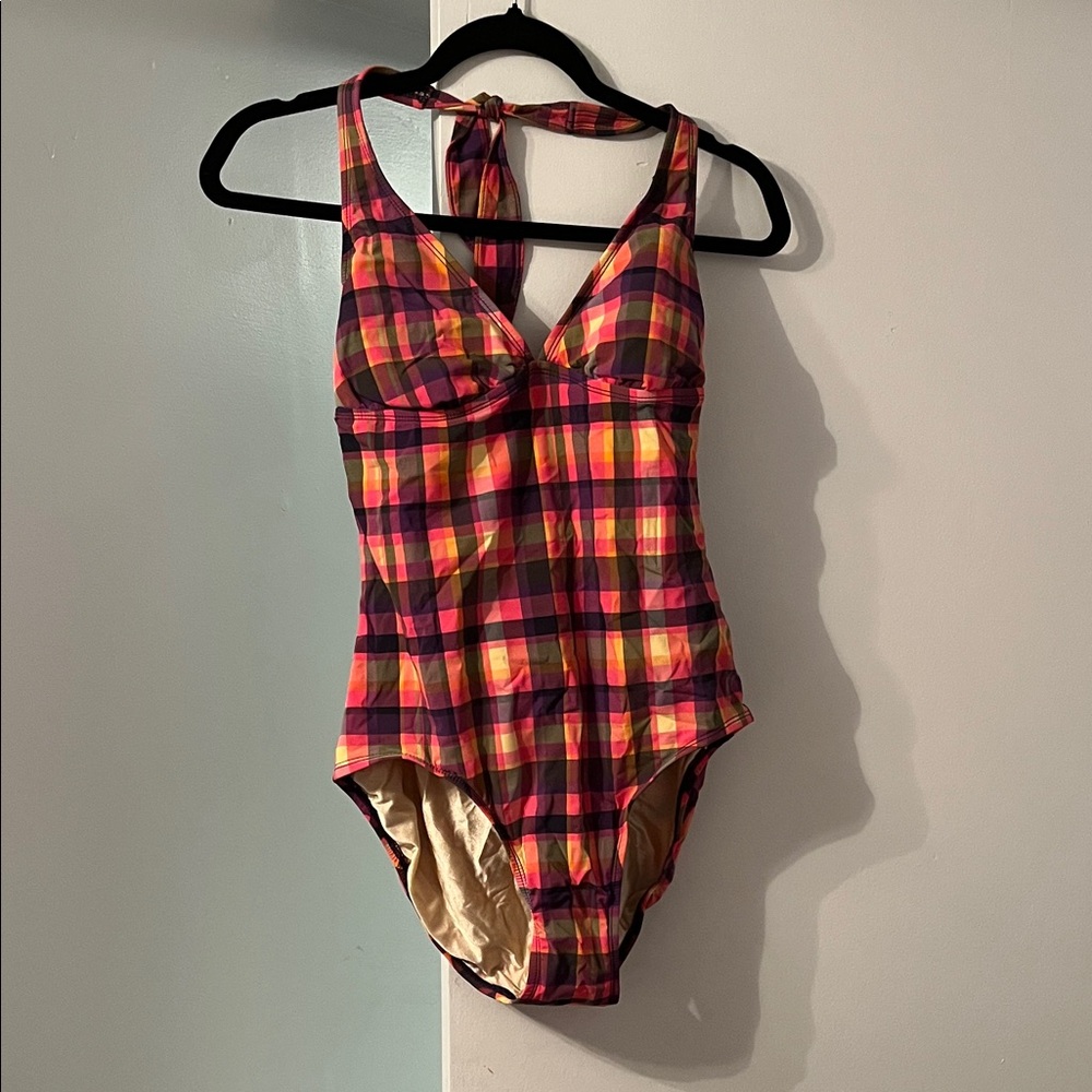 Isaac Mizrahi Pink/Orange/Purple Plaid Swimsuit L